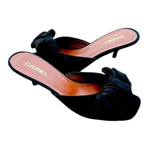 CAREL PARIS Black Suede Mules with Decorative Bow and Kitten Heel 38.5